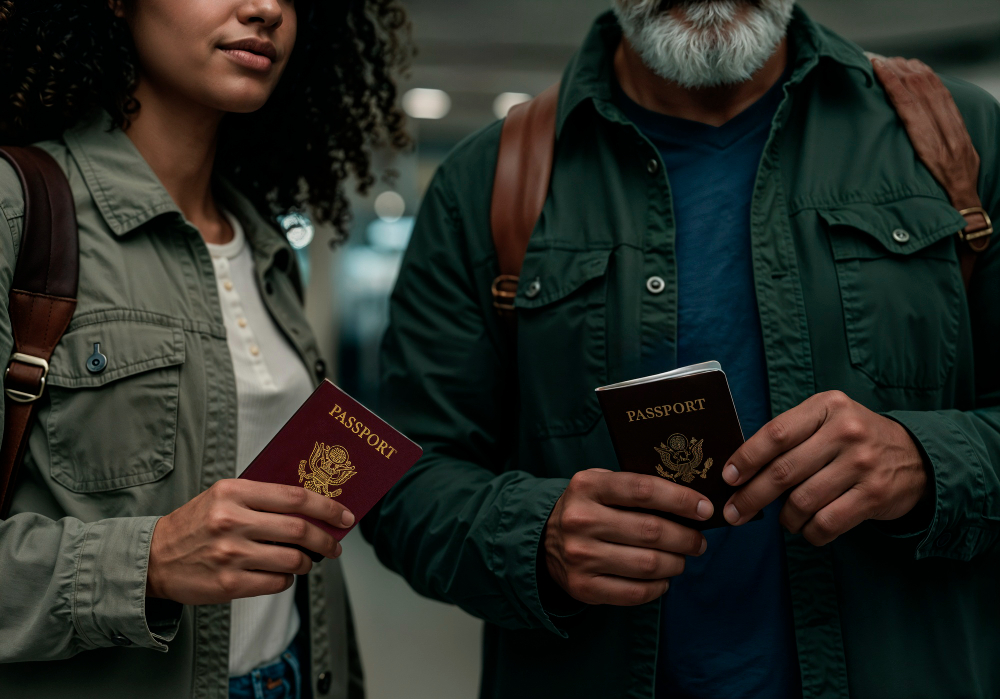 Travelers holding passports at airport check-in