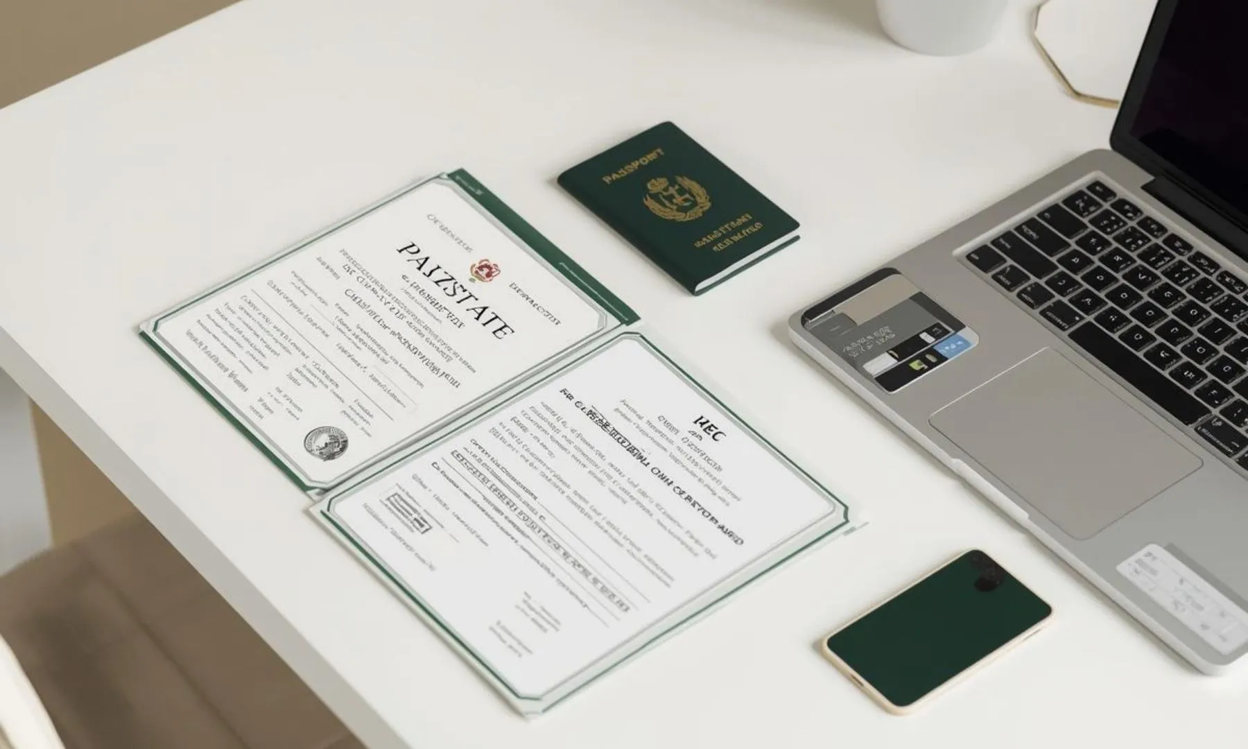 HEC Degree attestation portal, documents, passport, flag, and laptop desk setup.