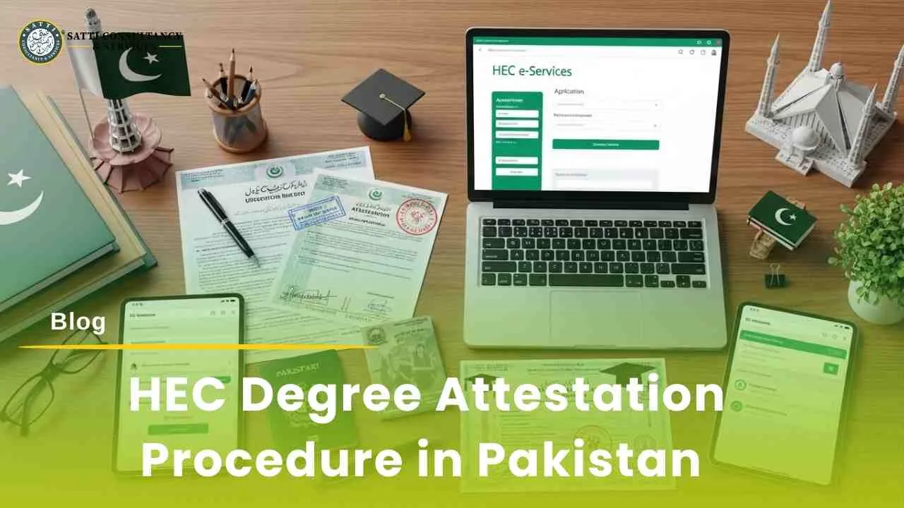 HEC Degree attestation portal, documents, passport, flag, and laptop desk setup.