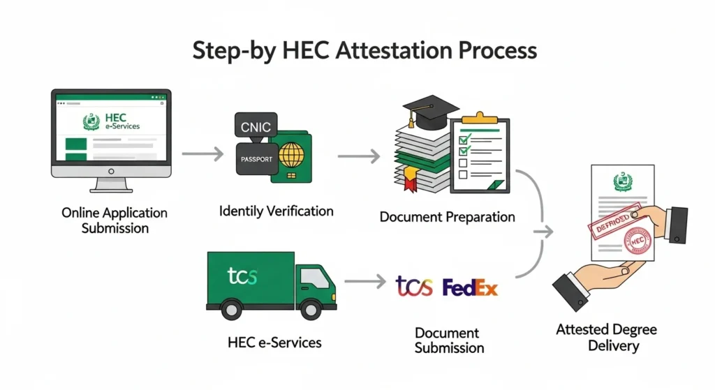 HEC degree attestation process infographic with step icons, hec degree attestation procedure