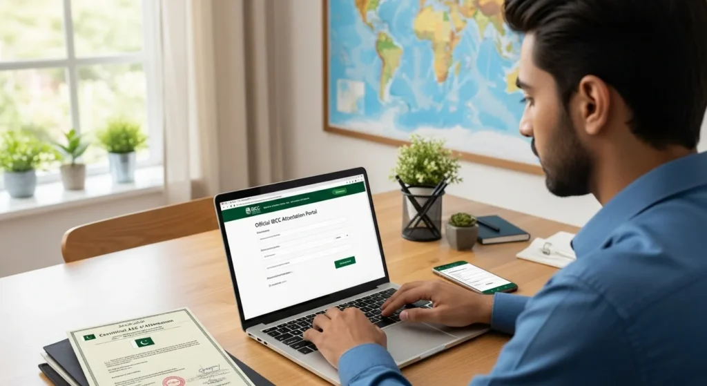 Student applying for IBCC verification online with laptop.