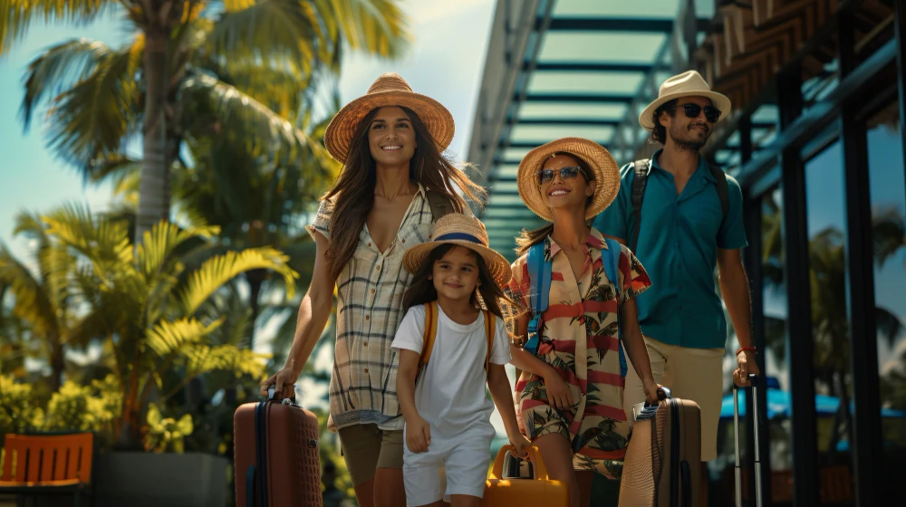 Family walking with luggage tropical travel vacation
