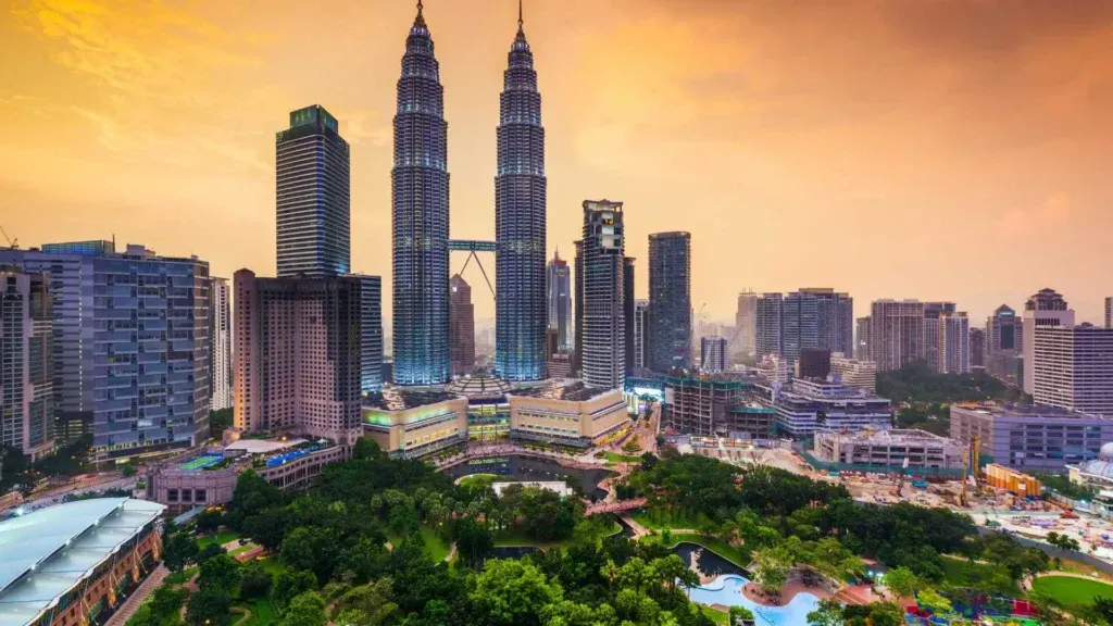 Kuala Lumpur skyline Petronas twin towers sunset Malaysia