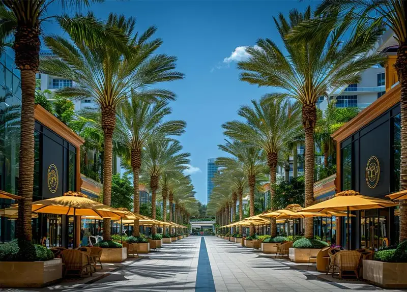 Modern city street with palm trees and yellow umbrellas