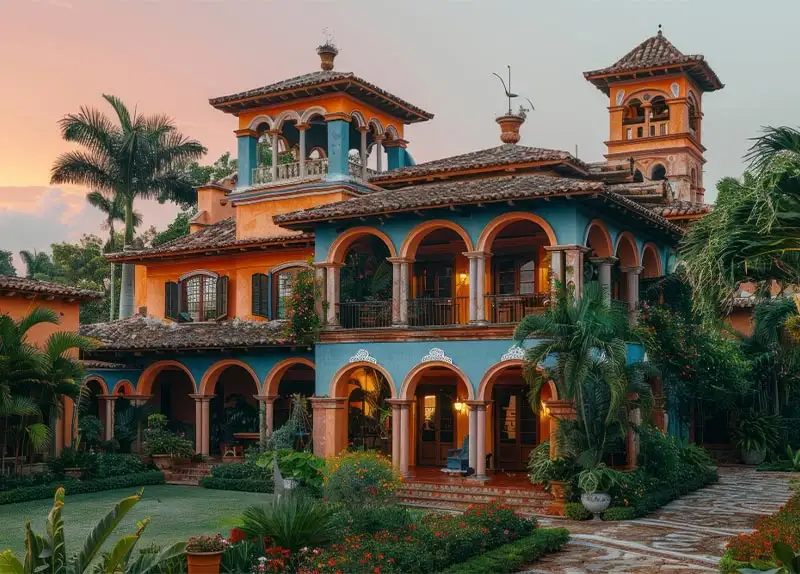 Beautiful Spanish villa architecture with palm trees at sunset