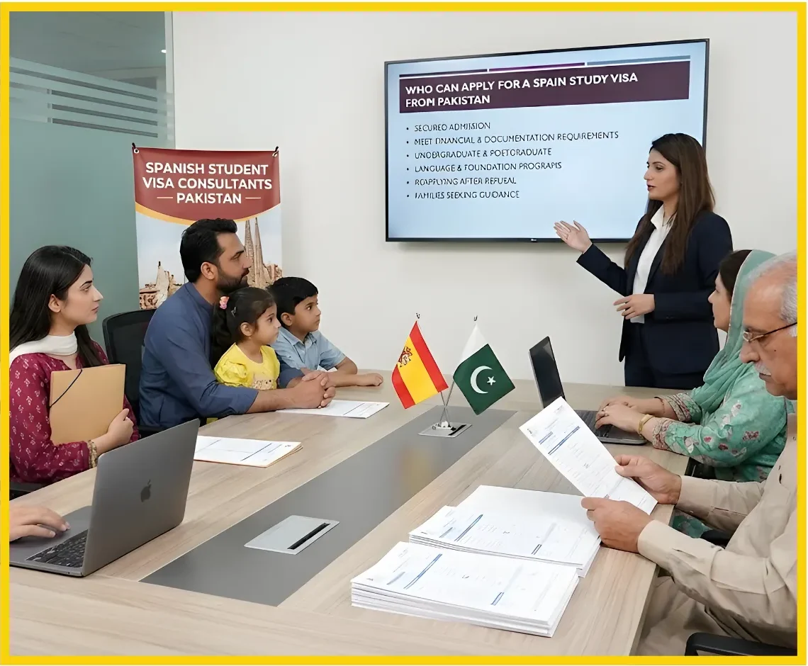 Family attending Spain student visa information seminar Pakistan