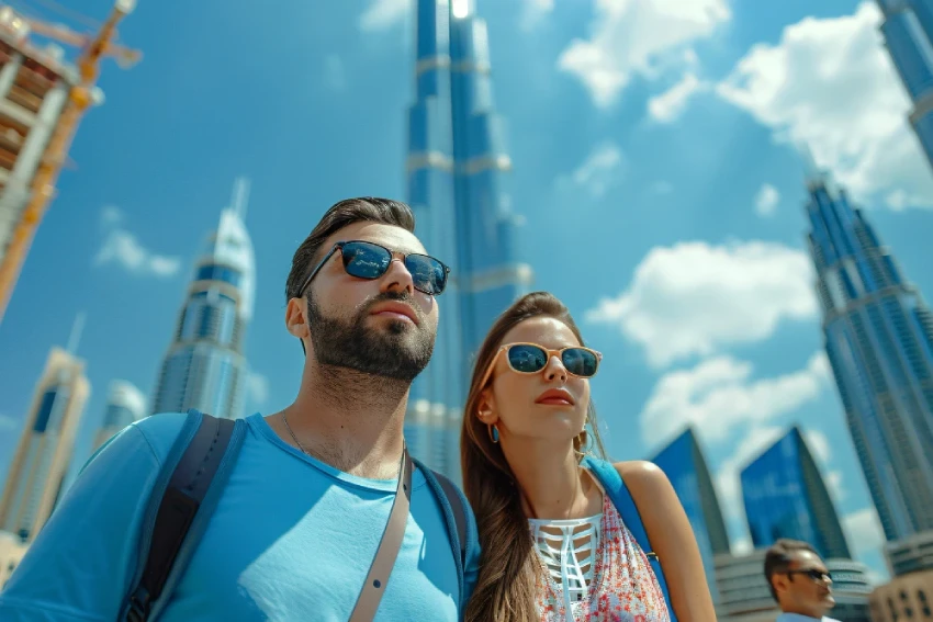 Young couple tourists sightseeing Dubai skyscrapers with visas