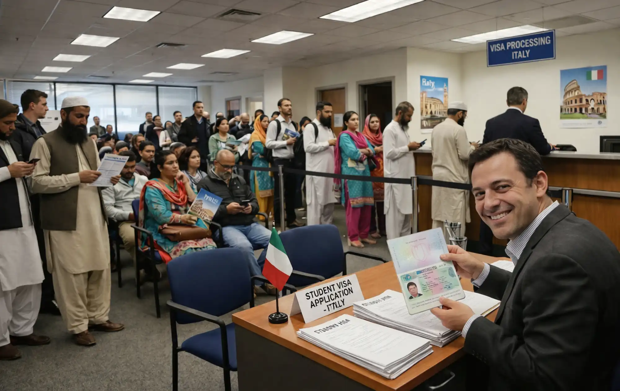 Italy visa processing in Pakistan with applicants submitting documents at visa office