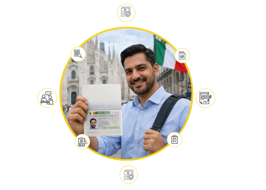Italian visa holder in Milan with complete visa services infographic