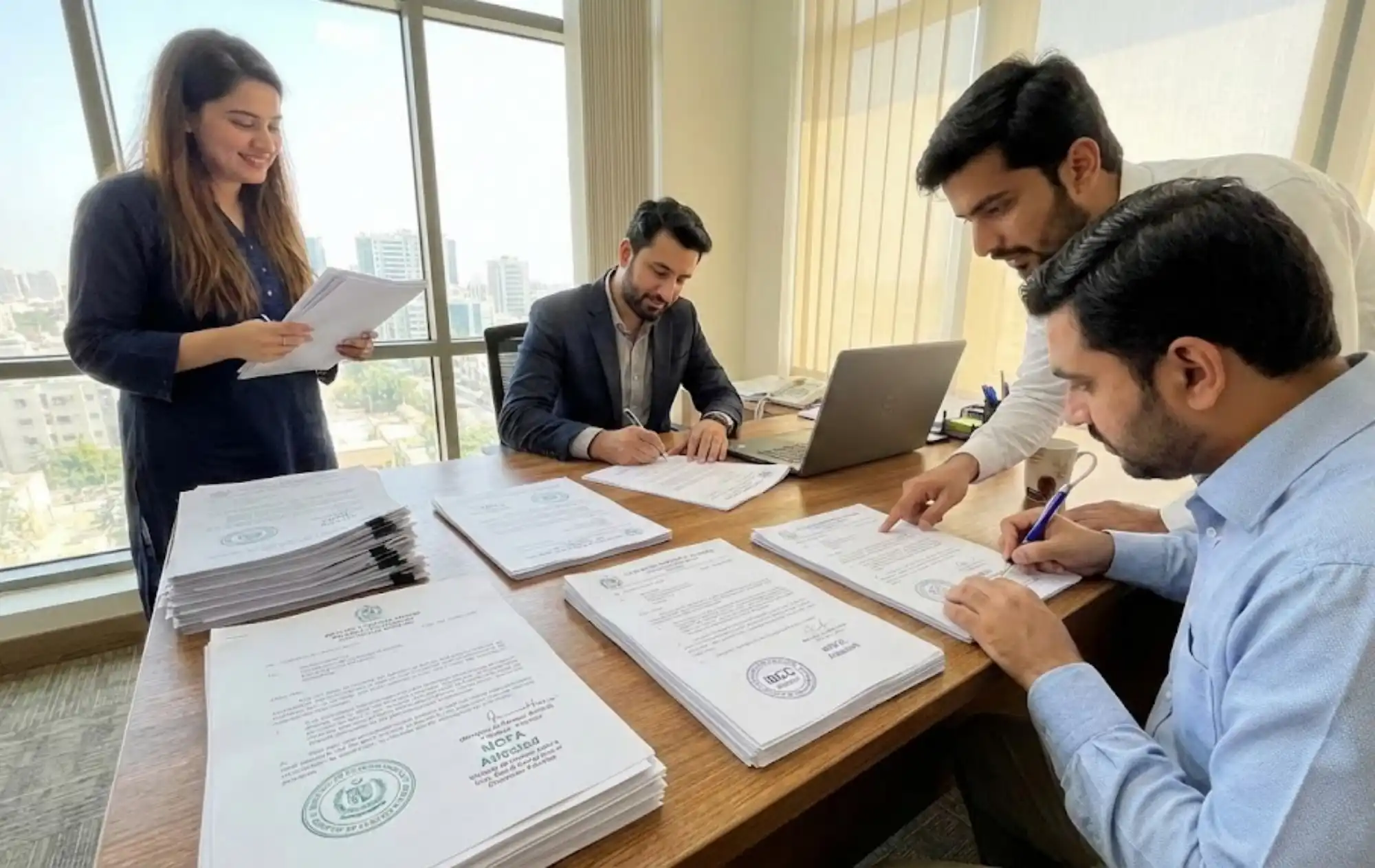 Team reviewing MOFA and HEC attestation documents for verification processing