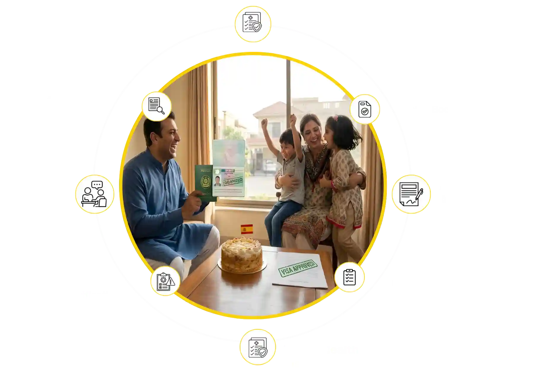 Family celebrating Spain visa approval with complete services