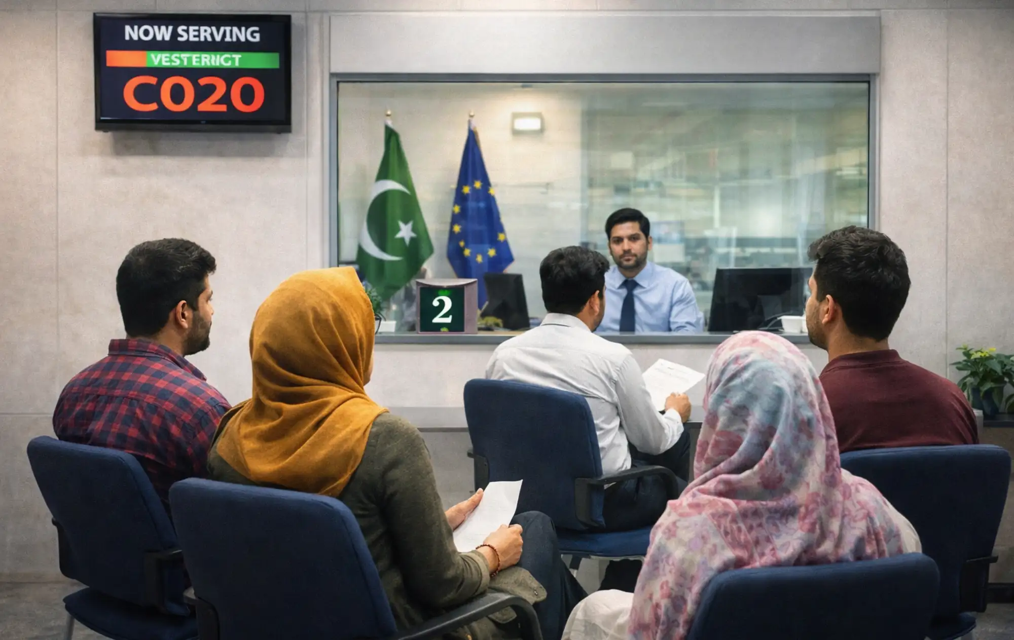 Pakistani families waiting at Europe visa application counter with queue system