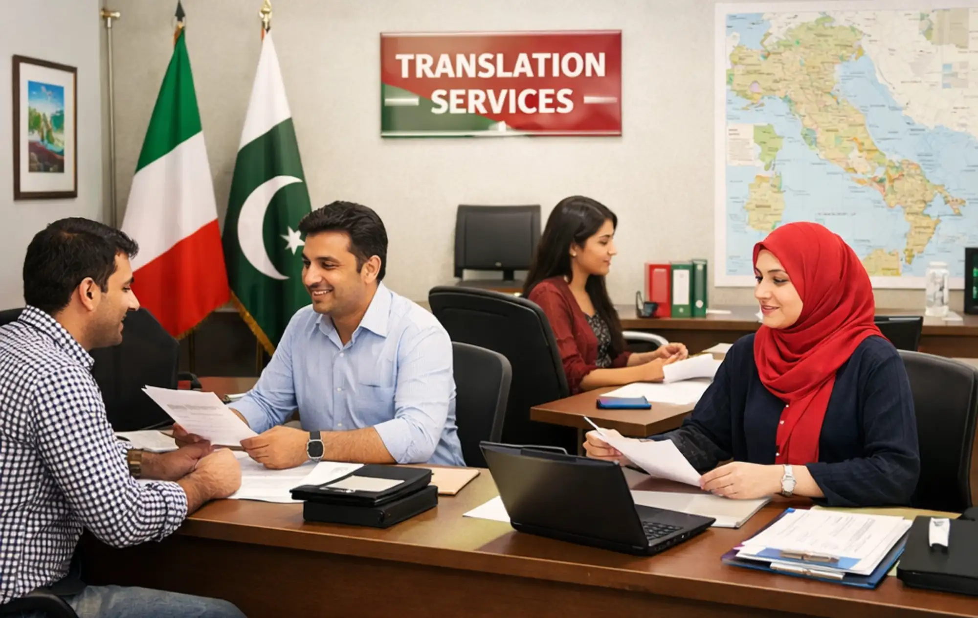Translation services team working on Italy Pakistan document certification