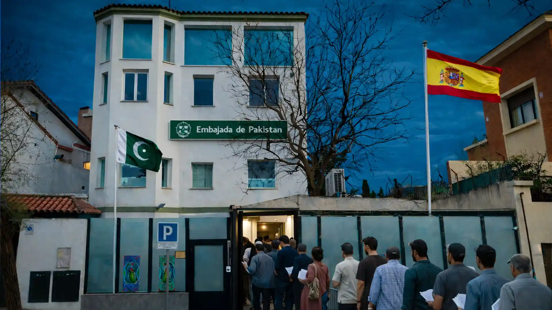 Pakistan Embassy in Spain with applicants queue for visa services