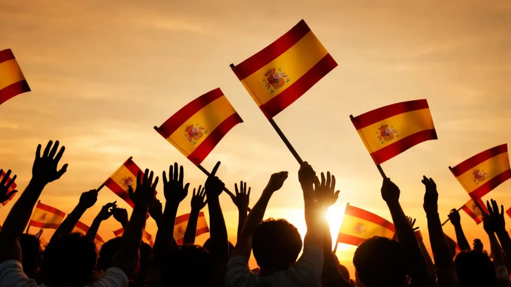 People celebrating waving Spanish flags sunset background