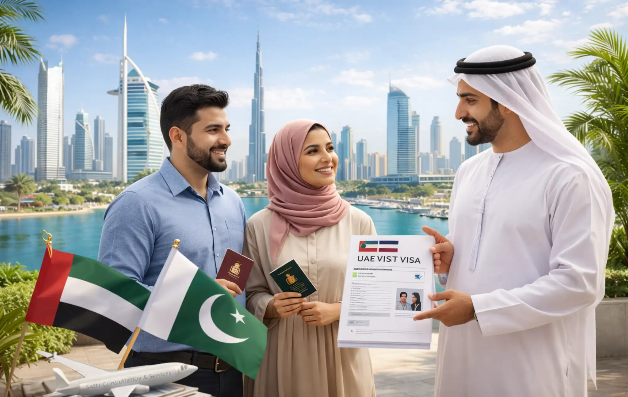 Pakistani couple receiving UAE visa from consultant